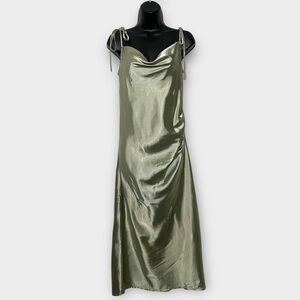 Cinderella Divine Green Satin Self Tie Spaghetti Strap Midi Slip Dress Siz Small